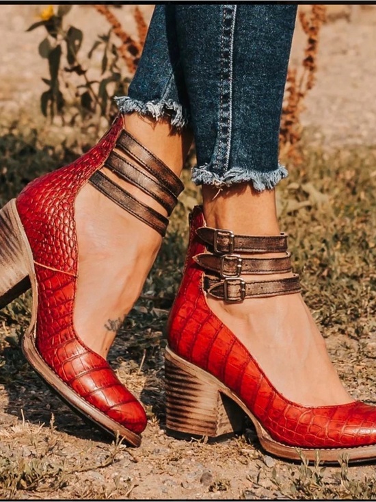 Freebird by Steven Shoes - Freebird Women’s Red Croc-Embossed Block Heel Pumps with Ankle Straps…worn once